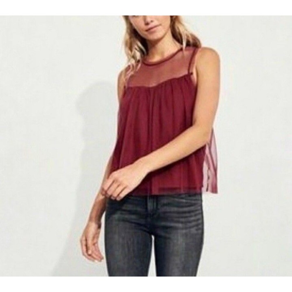 Hollister Burgundy Red Babydoll Top Y2K 90s Mesh Overlay Top Medium